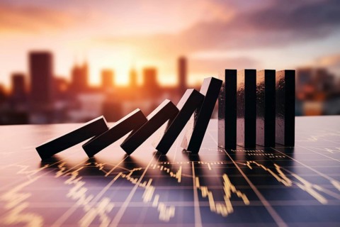Black bricks falling like dominoes on financial chart. Concept of market collapse, chain reaction,