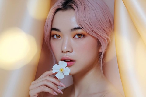 Asian woman with pink hair with flawless skin holding white blossom. Elegant beauty portrait with