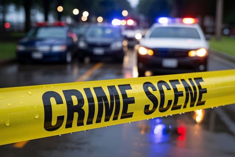 Bright yellow crime scene tape with water droplets stretches across a rainy street with police car