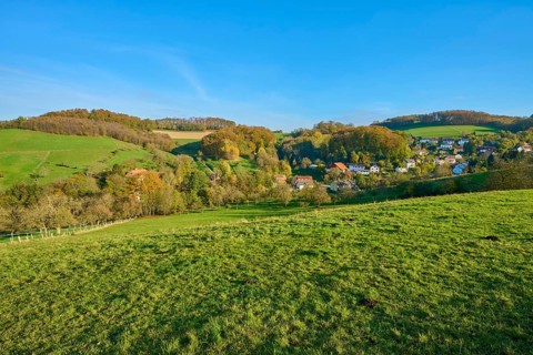 Small village embedded in green hills and trees, creating a harmonious landscape, Vöckelsbach,