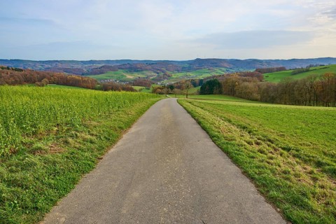 Asphalted path leads through green fields in a hilly landscape, Winterkasten, Lindenfels,
