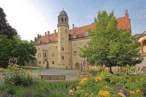 Inner courtyard of the Luther House, residence of Martin Luther built in 1503, UNESCO, floral