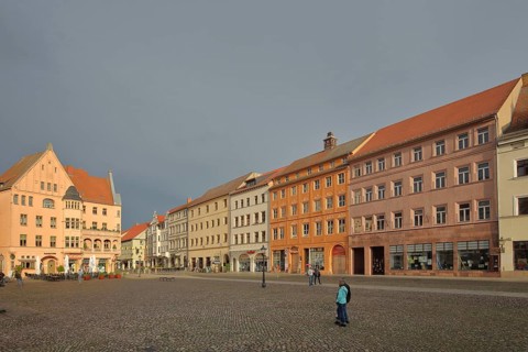 Historic houses on the market square with mood lighting, Cranach-Hof, Cranachhof, Cranach-Höfe,