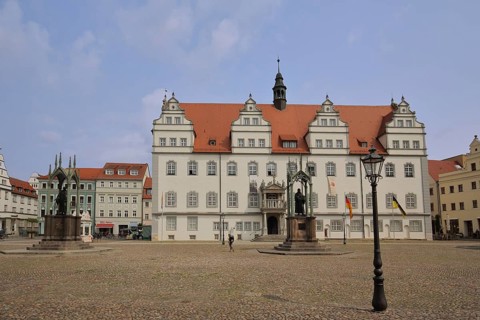 Old Town Hall with Luther Monument and Melanchthon Monument, Martin Luther, Philipp Melanchthon,