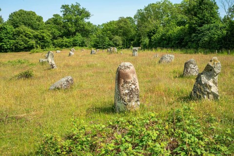 Stones in the shape of a ship in the Ängakåsen burial field from the Bronze Age in Kivik,