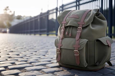 Large backpack lying on empty road, symbolizing journey or travel. Generative ai, AI generated