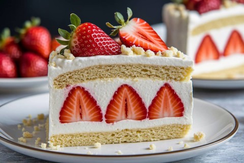 Slice of tasty strawberry fruit shortcake on white plate. Generative AI, AI generated