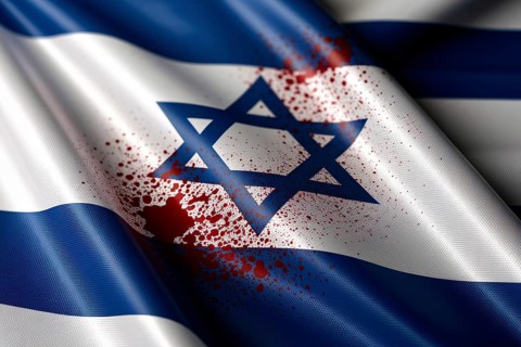 Israeli flag with red splatter. Symbol of war with palestine. Generative AI, AI generated
