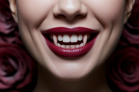 Close up of woman's mouth with burgundy red lipstick and long vampire fangs. Generative Ai, AI
