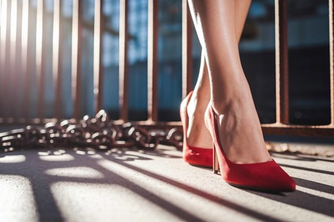 Close up of woman's confident stride in red high heels breaks metal chains, symbolizing female