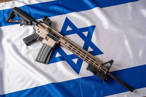 Modern military rifle placed on Israeli flag. Symbol of nationalism, power, and conflict.
