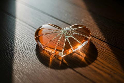 Shattered glass heart on wooden floor. A poignant symbol of love, loss, and emotional vulnerability