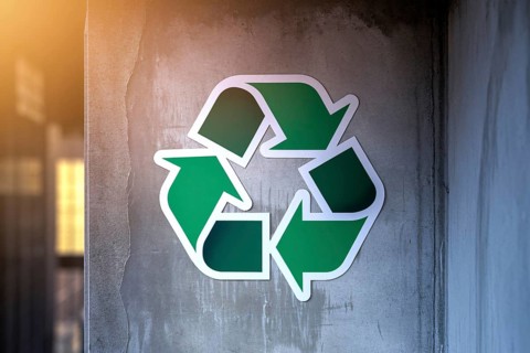 A green recycling symbol sticker on a weathered gray concrete wall. Warm sunlight highlights the