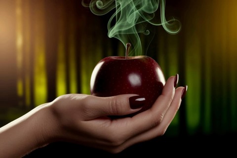 A woman's hand with dark red painted nails holds a dark red apple with green smoke rising from it.