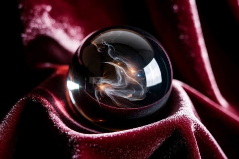 Dark crystal ball resting on velvet fabric. A mystical symbol of witchcraft, fortune telling, and