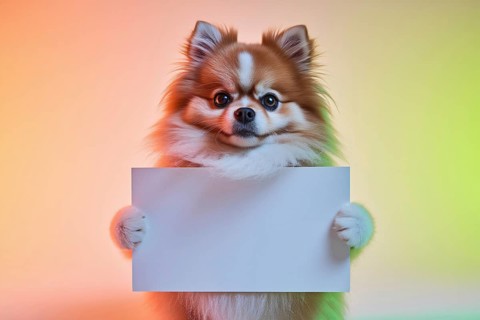 Cute pomeranian dog holding blank white sign against pastel studio background. Charming pet with