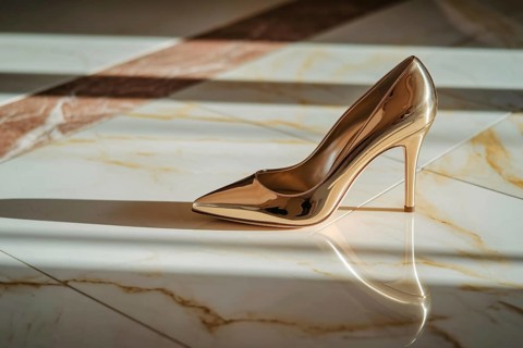 Elegant high heel with golden sole on marble floor. A luxurious composition of fashion and refined