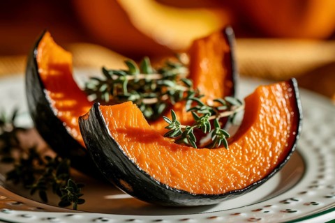 Roasted pumpkin slices with thyme. A warm and appetizing display of seasonal plant-based cuisine.