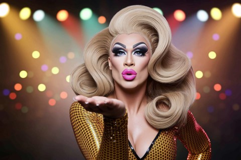 Drag queen blowing a kiss under nightclub lights. A glamorous portrait of self-expression and pride