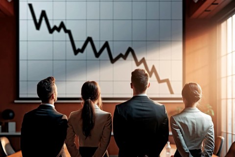 Back view of business people looking at graph with stock market crash. Concept of financial loss,