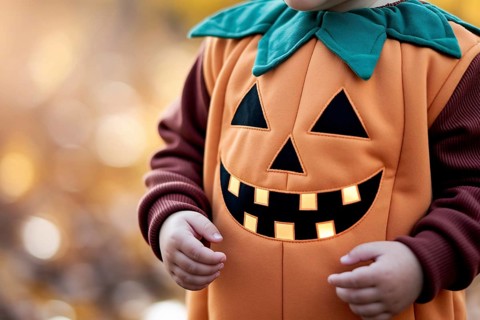 Close up Jack-o'-lantern face on child's pumpkin costume. Concept of Halloween detail, seasonal