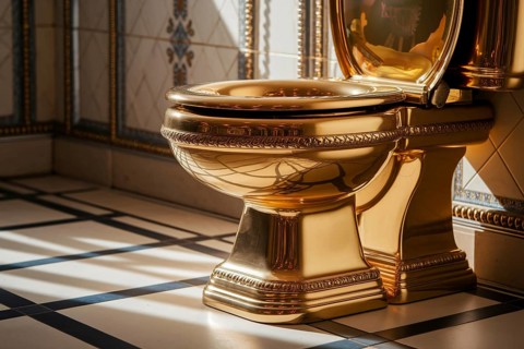 Open golden toilet bowl with filigree detail on marbled floor in warm ambient light. Concept for