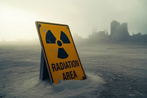 Radiation warning sign in scorched earth. Symbol danger of nuclear war and environmental decay.
