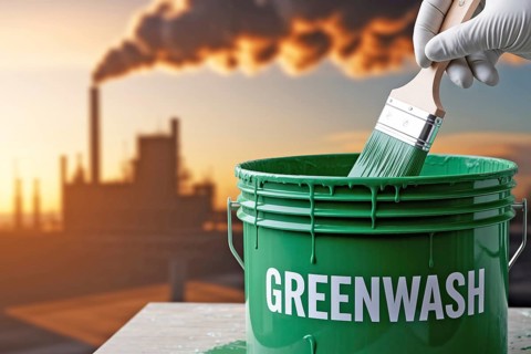 Greenwahsing concpet. Gloved hand stirs greenwash paint in front of smoking factory background.