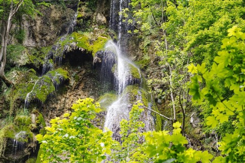 The Urach waterfall flows over moss-covered rocks, surrounded by green leaves, Bad Urach