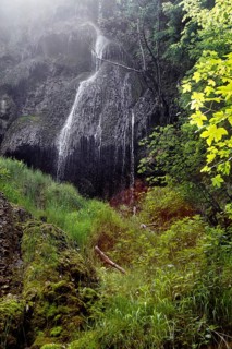 Refreshing waterfall (Urach waterfall) flows over rocks in lush green surroundings, Bad Urach