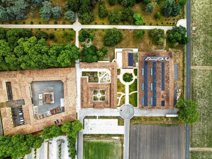 Top Down view over Chateau d'Armailhac Vineyard and grape fields around Pauillac and Gironde