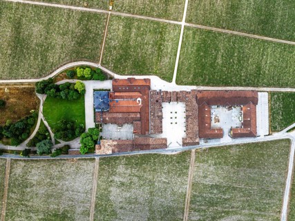 Top Down over Chateau Pontet-Canet Vineyard and grape fields around Pauillac and Gironde Estuary