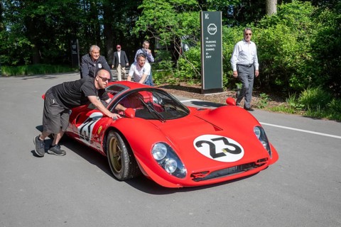 Grosse Pointe Shores, Michigan - The 1965 Ferrari P4 RCR was pushed into place for the media
