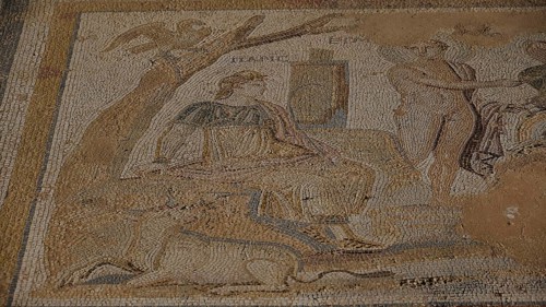 Ancient mosaic with a female figure and others in a scene under a tree, The Choice of Paris,