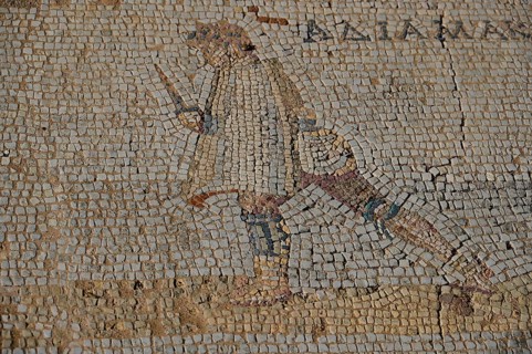 Ancient mosaic of a man with a sword in his hand, Archaeological Site, Western Excavation, Kos