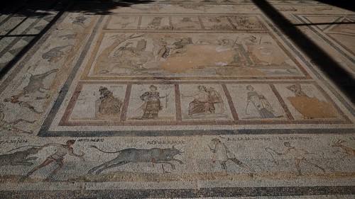Overview of an ancient mosaic with several figurative and scenic depictions, Archaeological Site,