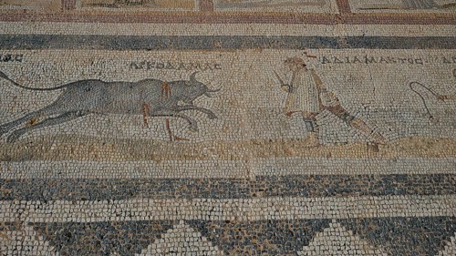 Ancient mosaic depicting a man approaching a charging bull, Archaeological Site, Western