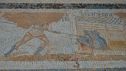 Ancient mosaic showing a warrior fighting an animal, Archaeological Site, Western Excavation, Kos