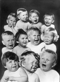 Crying babies, 1930s, Several babies and toddlers crying and showing unhappy faces, Historical