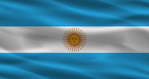 Argentinian flag with fabric texture. Realistic flag of Argentina waving