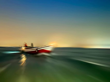 Boat on the lagoon off Venice, zoom effect, lagoon city Venice, Veneto, Italy
