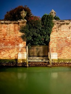Brick wall, night shot, lagoon city of Venice, Veneto, Italy