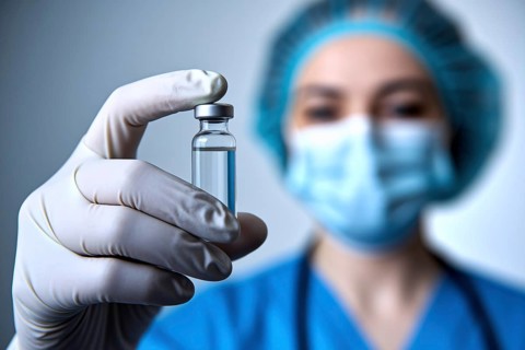 Close up of female scientist's gloved hand carefully holding a vial with clear liquid. Generative