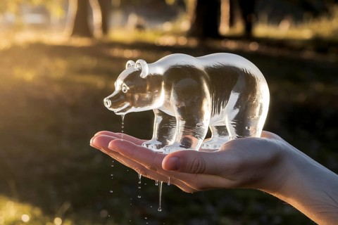 Melting ice bear held in human hand symbolizes climate change and global warming impact on wildlife