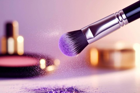 Makeup brush with shimmering purple eyeshadow. A luxurious display of beauty, elegance, and