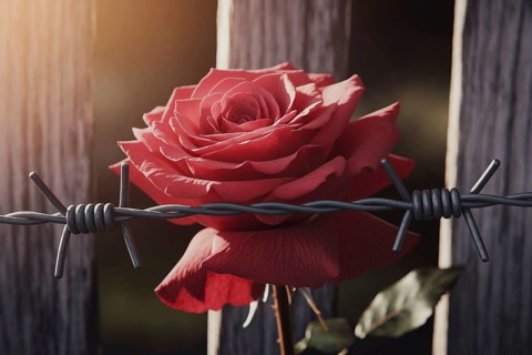 Red rose wrapped in barbed wire. A striking contrast between beauty and pain. Generative ai, AI