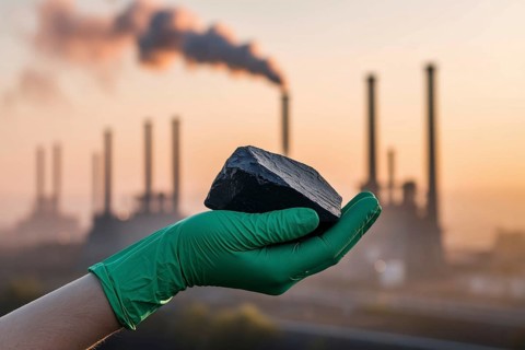 Green glove holding coal in front of smoking chimneys. A striking symbol of greenwashing and