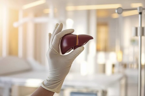 Gloved hand holding liver model in softly lit hospital room, symbolizing liver health, diagnosis,