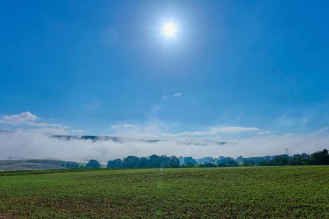 The sun shines over a foggy field, Schmachtenberg, Miltenberg, Spessart, Bavaria, Germany