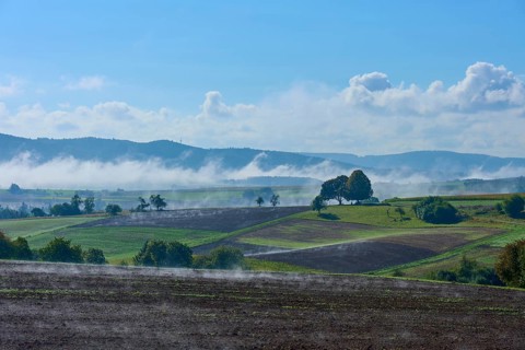 Picturesque fields with fog and blue sky in a hilly landscape, Schmachtenberg, Miltenberg,